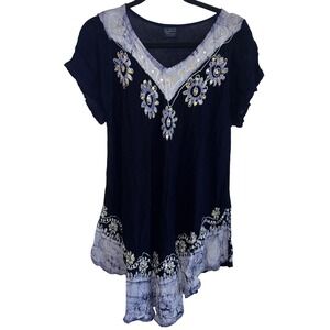 California Woman Navy Blue Batik Embroidered Sequin Sharkbite Tunic Top OS